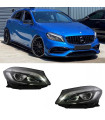 Μπροστινά Φανάρια Set Για Mercedes-Benz A-Class W176 12-18 Halogen Upgrade Σε Facelift Look Μαύρα Full Led DRL Με Μοτέρ Carner